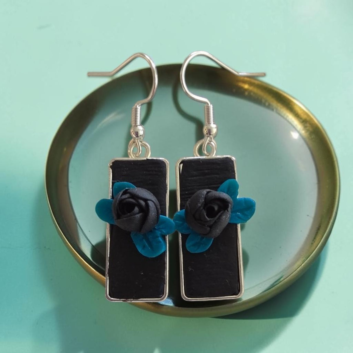 Black Rectangle Rose Earrings