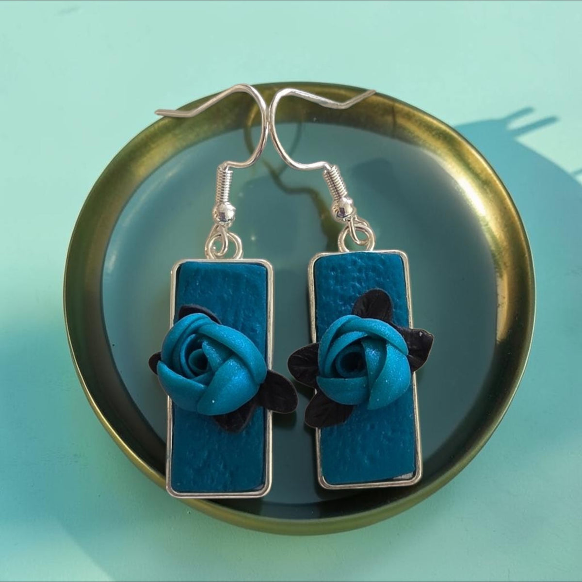 Teal Rectangle Rose Earrings