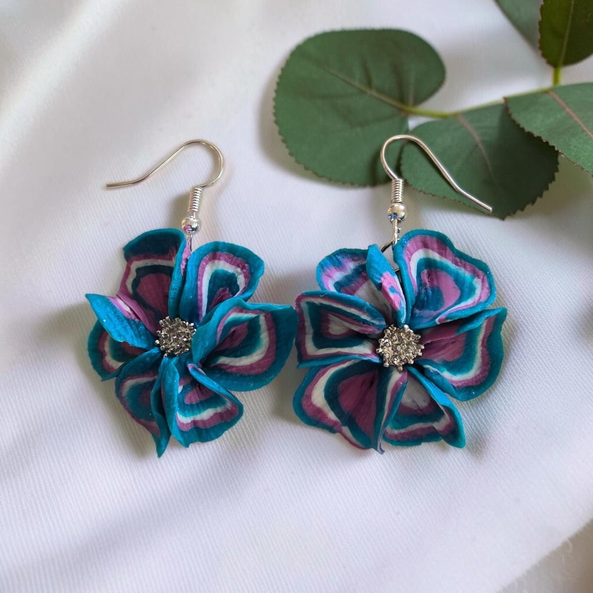 Teal and Purple Swirl Flower Earrings