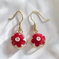 Red Flower on White Circle Earrings