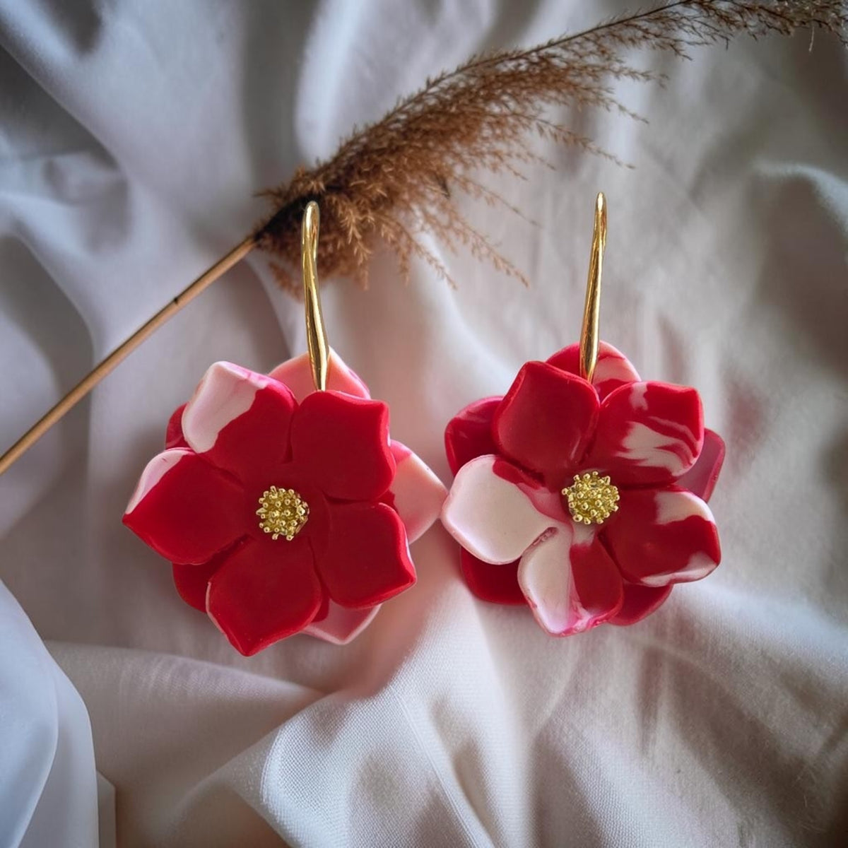 Large Red and Pink Poinsettia Flower Earrings
