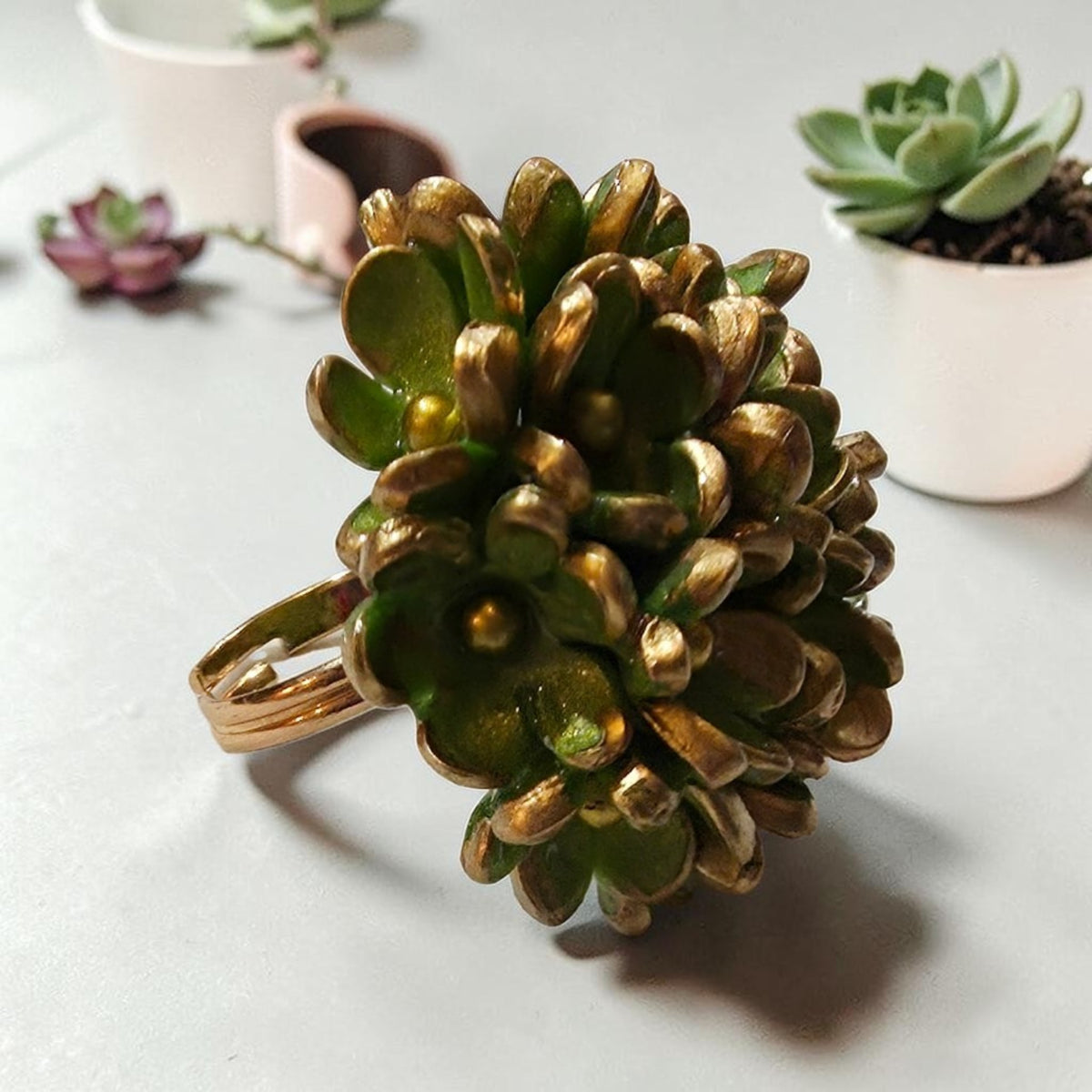 Golden Succulent Bloom Adjustable Ring