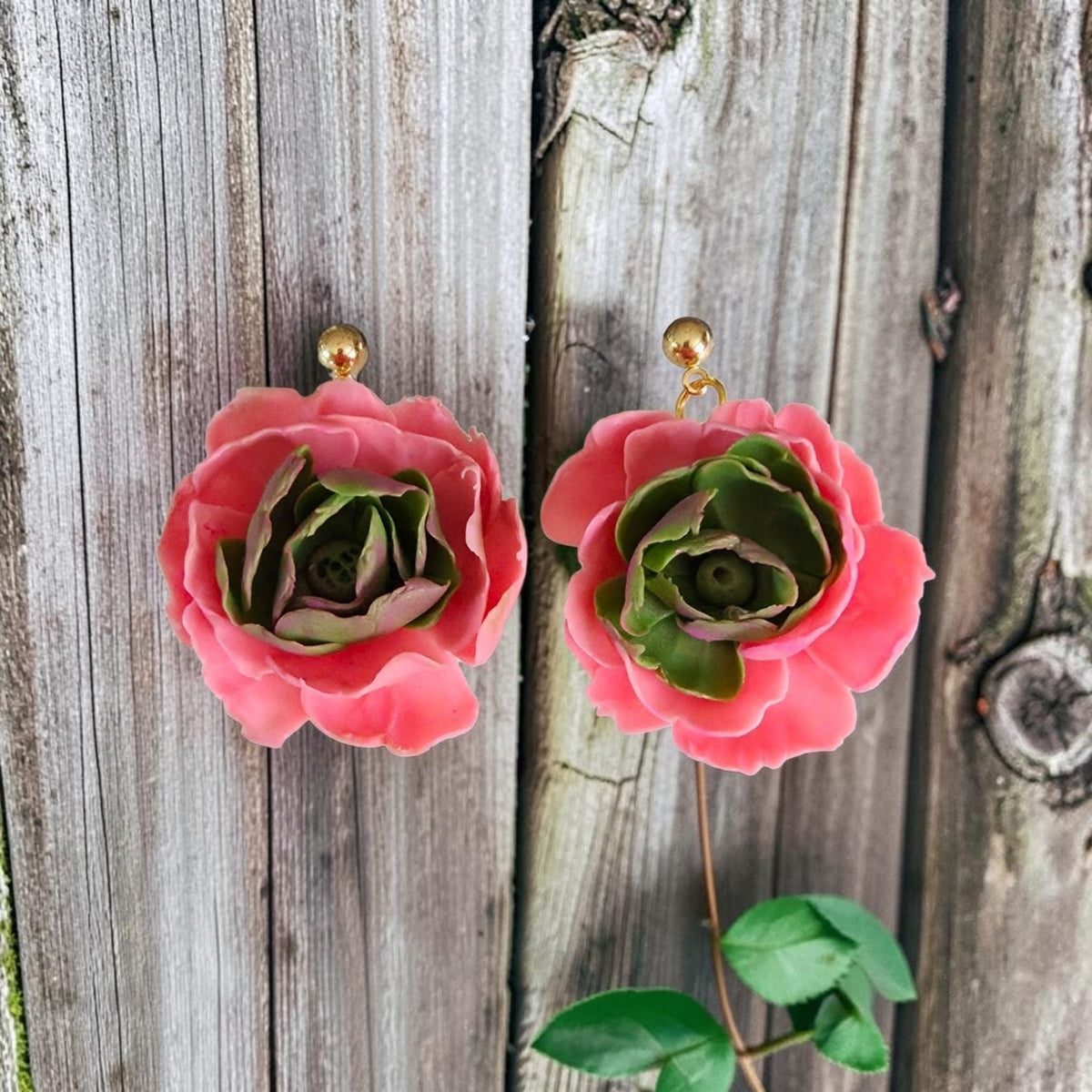 Pink Rose Flower Earrings